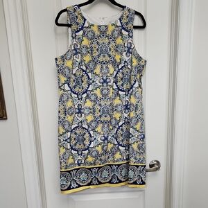 London Style Yellow and Navy Tile-Print Sleeveless Shift Dress Size 14